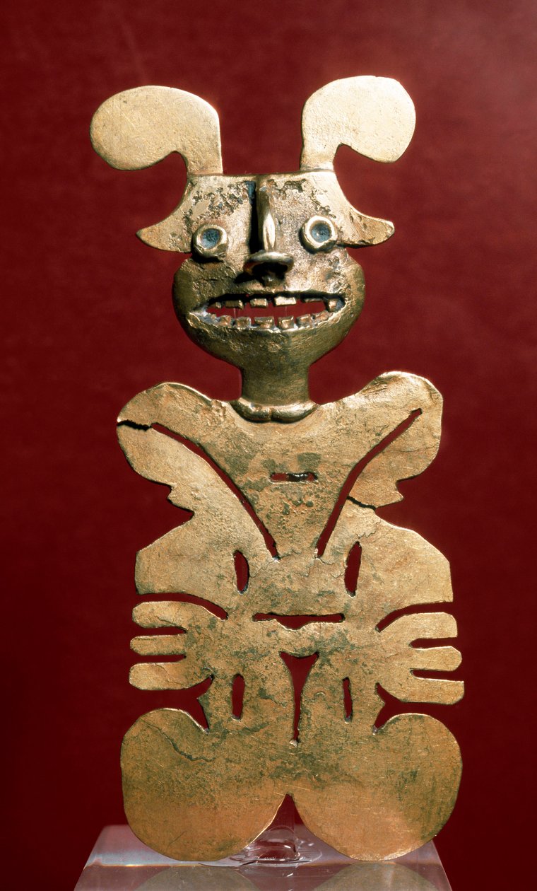 Předkolumbovské umění, civilizace Quimbaya (Kolumbie): antropomorfní soška ve zlatě. 400-1400 našeho letopočtu. Bogota, Museo de Oro, Kolumbie od Pre Columbian Pre Columbian