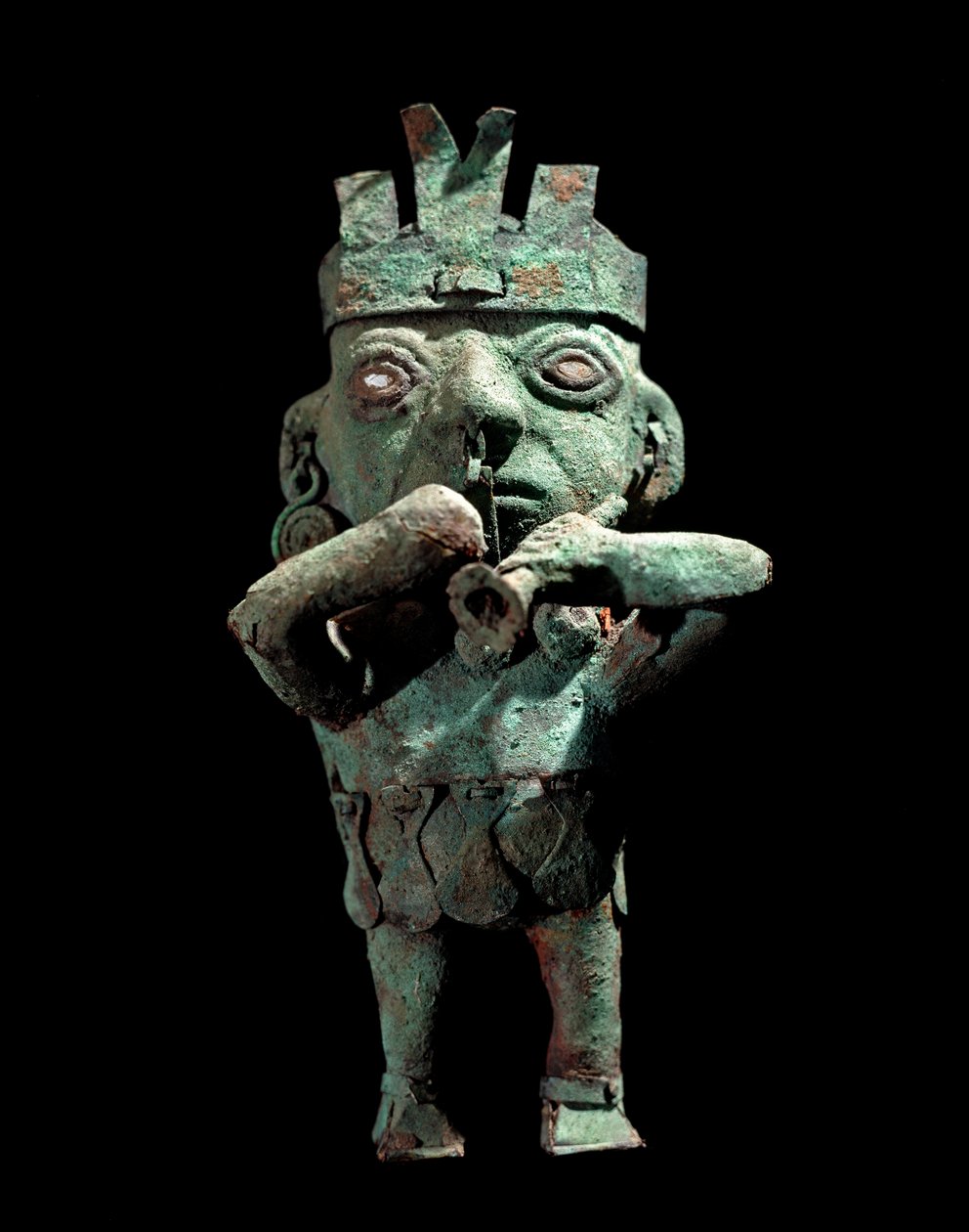 Předkolumbovské umění, kultura Vicus (Peru): bronzová soška představující hudebníka. Asi 200 n. l. JC. Lima, Muzeum zlata, Peru od Pre Columbian Pre Columbian