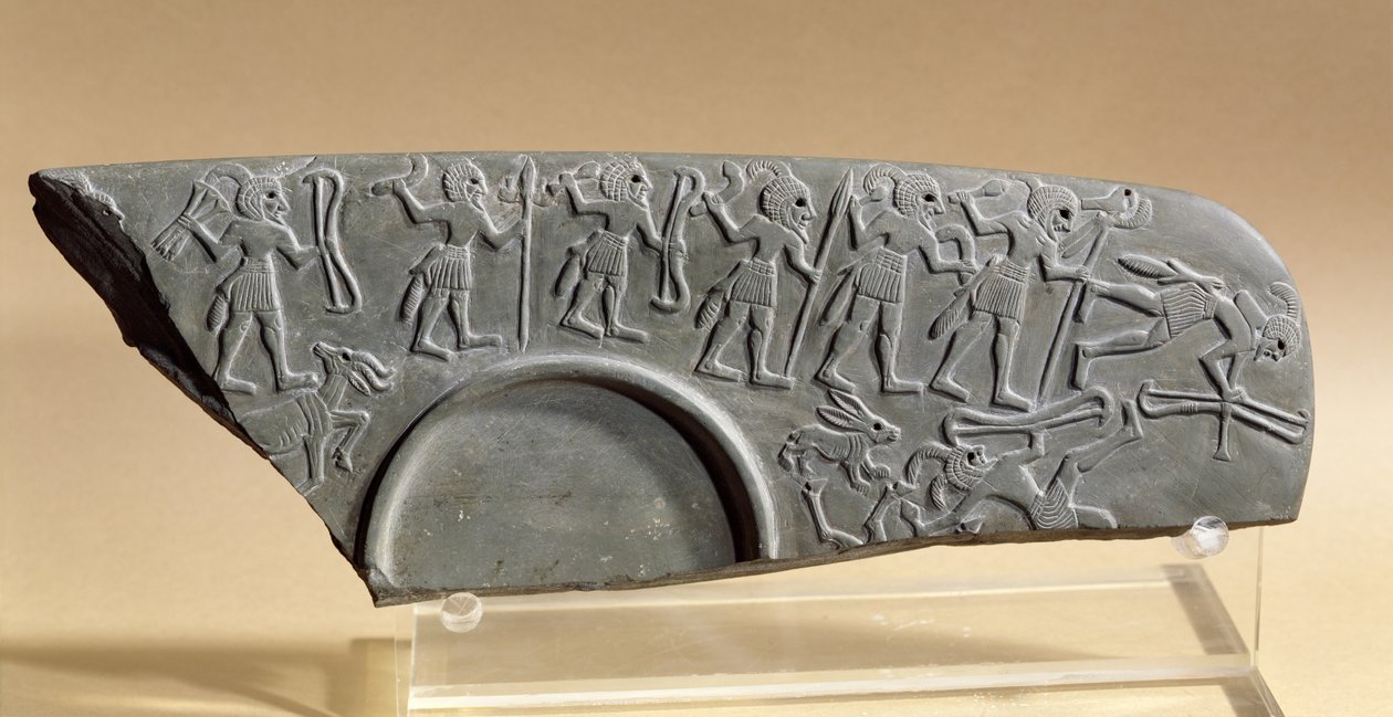 Zlomek lovecké palety, pravděpodobně z Tell el-Amarny (břidlice) od Predynastic Period Egyptian