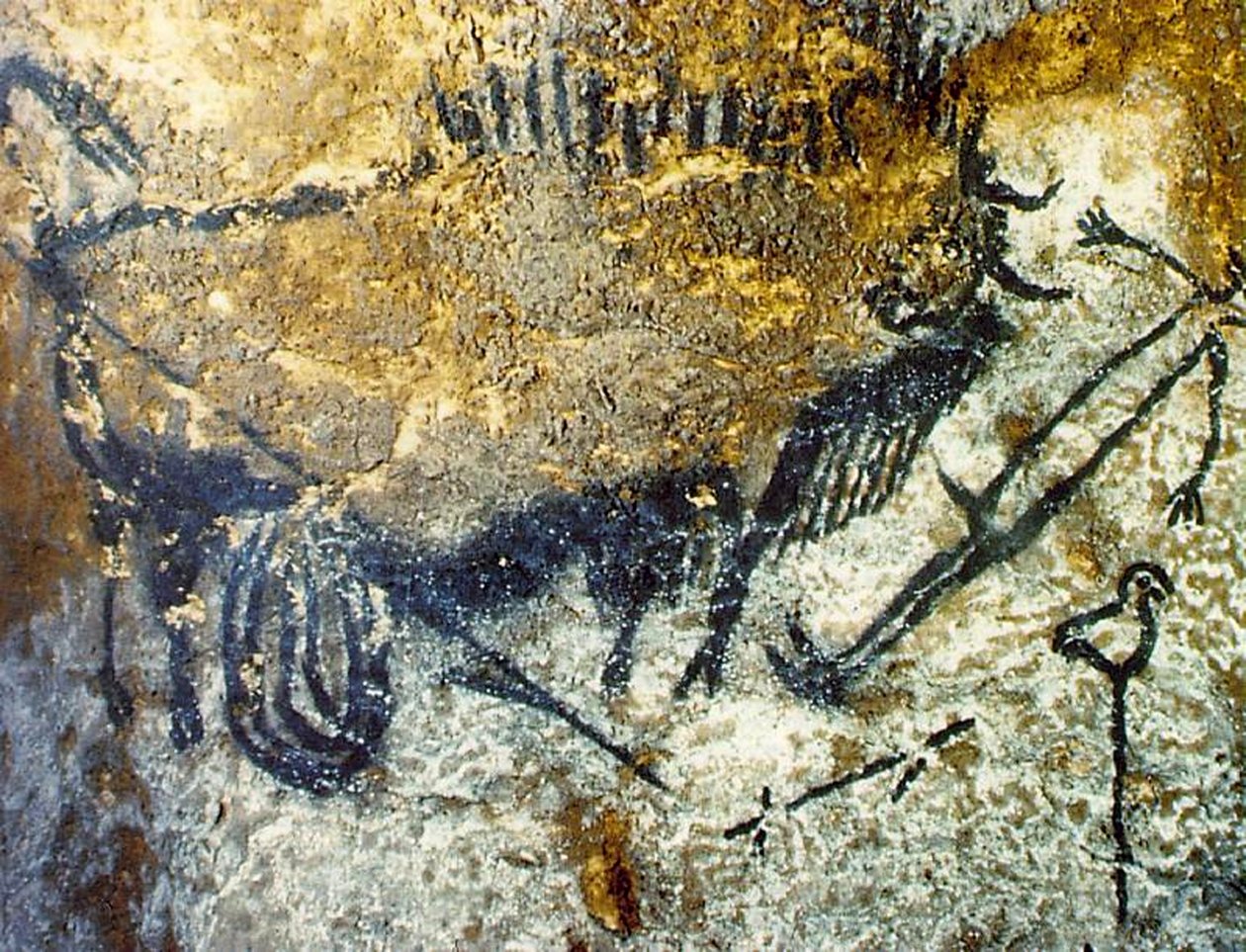 Zraněný bizon útočí na člověka, cca 15 000–10 000 př. n. l. (pigmenty na kameni) od Prehistoric