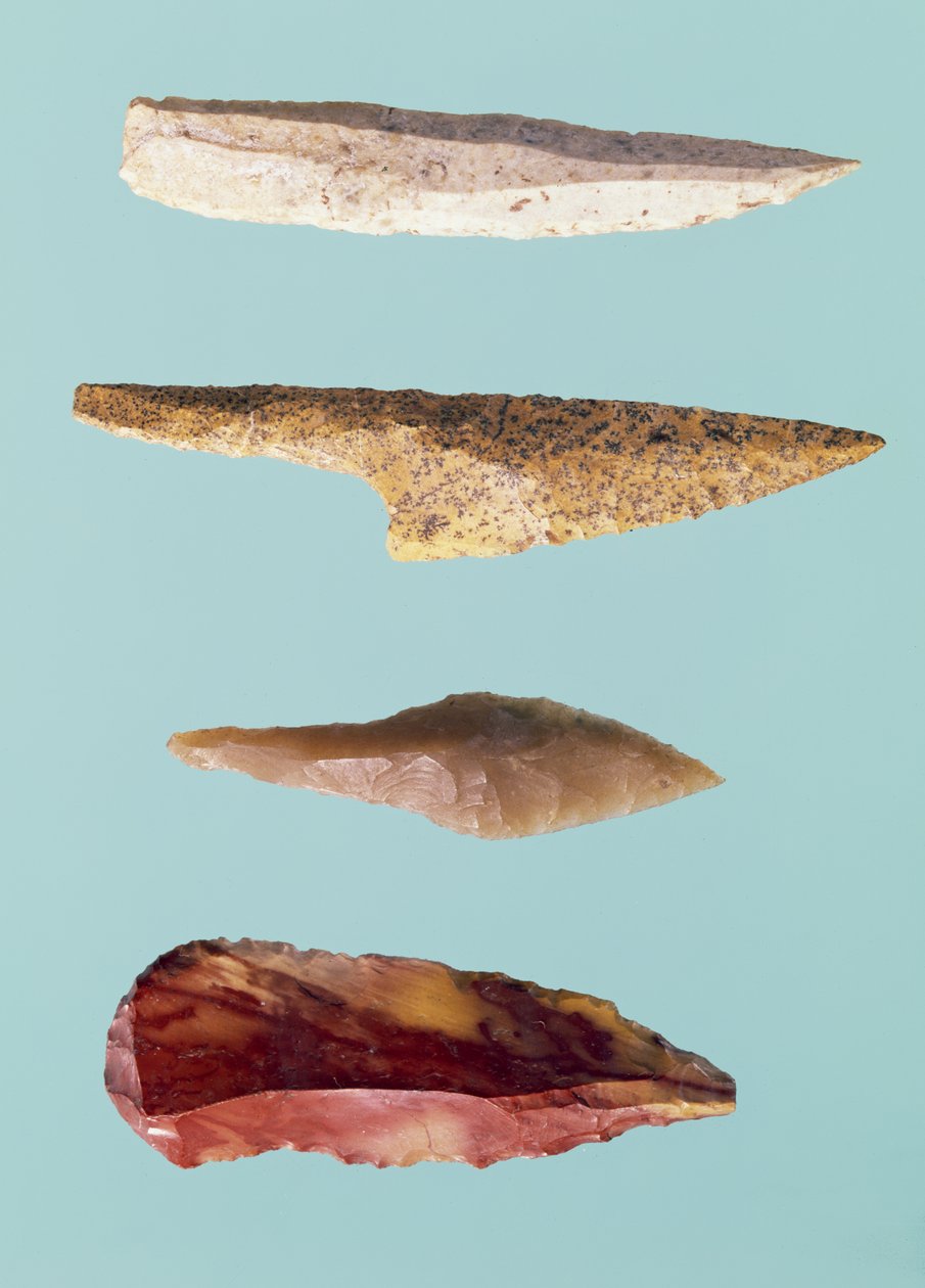 Čtyři pazourkové nástroje, období horního paleolitu, 35000-10000 př.nl (pazourek) od Prehistoric