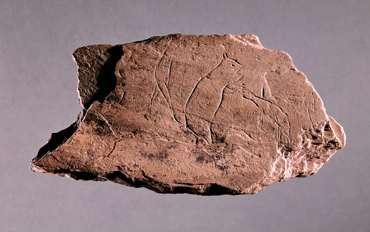 Oblázek zobrazující muže, na kterého zaútočil medvěd, z Pechialet, Dordogne (břidlice) od Prehistoric
