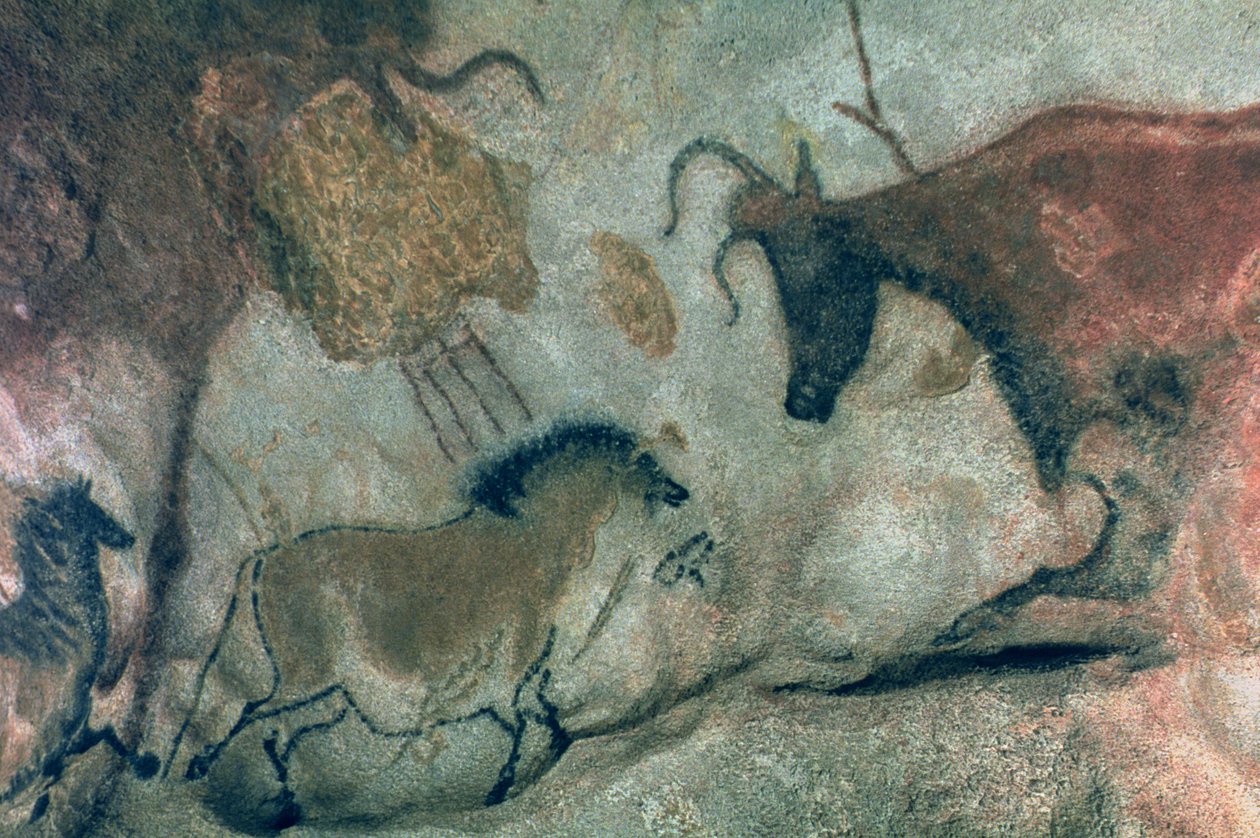 Skalní malba zobrazující koně a krávu, cca 17 000 př. n. l. (jeskynní malba) od Prehistoric