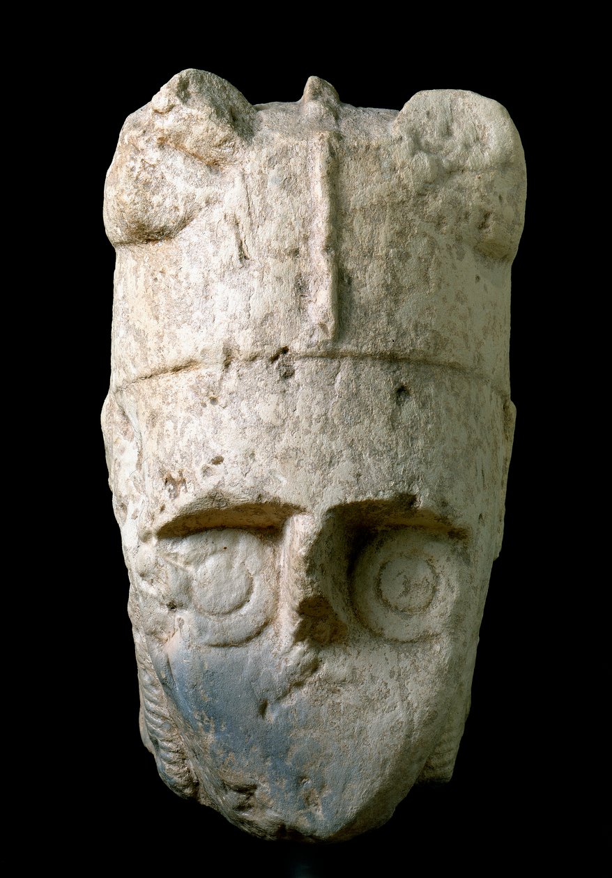 Hlava lukostřelce s rohatým helmutem (miles cornutus), z Monte Prama (Cabras), konzervované v Národním archeologickém muzeu v Cagliari od Prehistoric Prehistoric