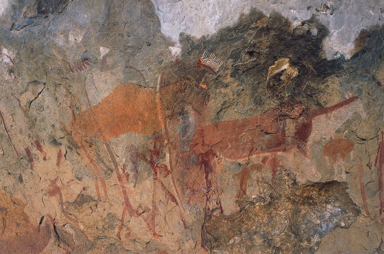Lidské a zvířecí postavy, křováci nebo jeskynní malby san, Maloti-Drakensberg Park (Seznam světového dědictví UNESCO, 2000), Lesotho od Prehistoric Prehistoric