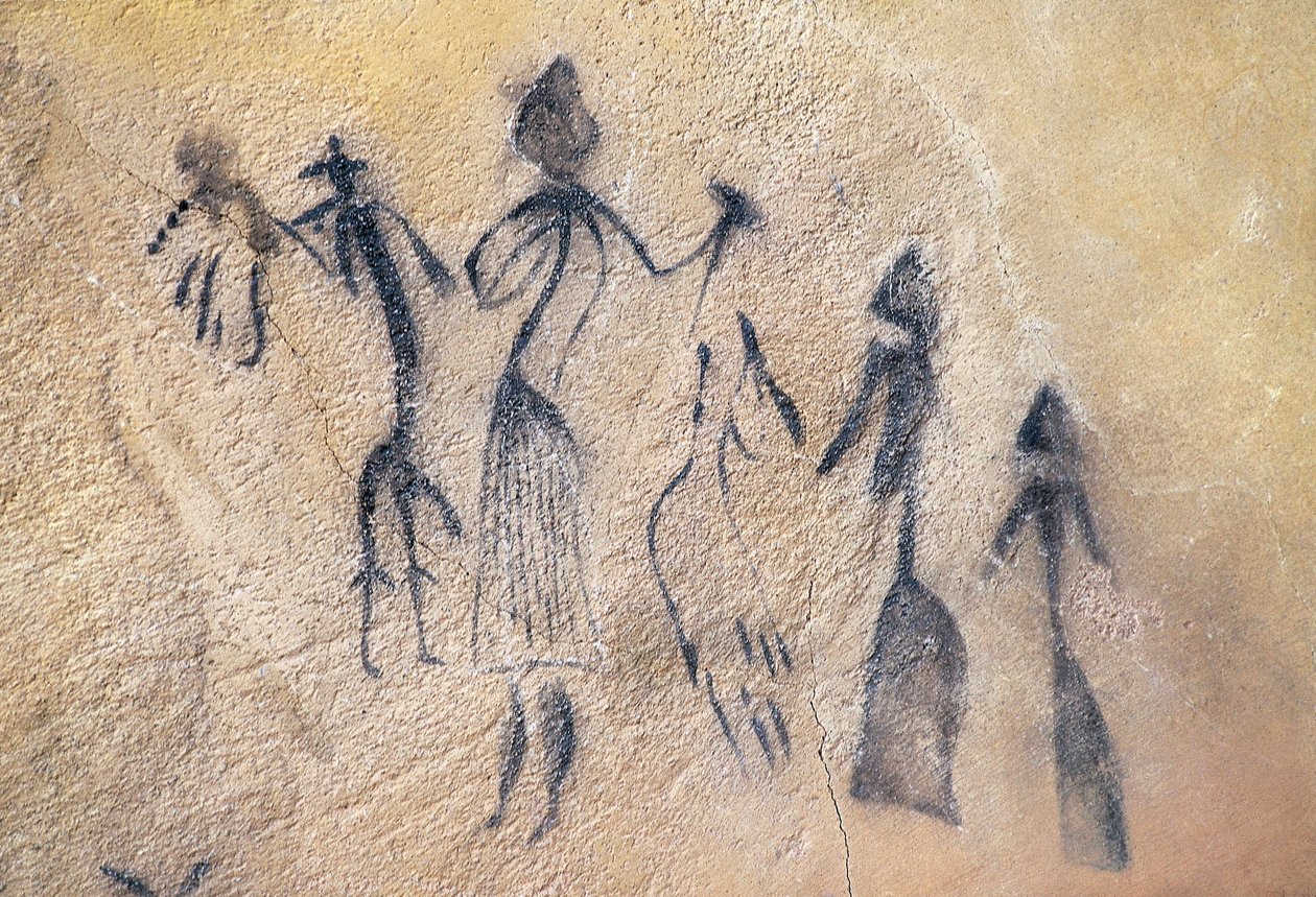 Falický tanec typu stylizované-naturalistické, mezolitické umění (nástěnná malba) od Prehistoric Prehistoric
