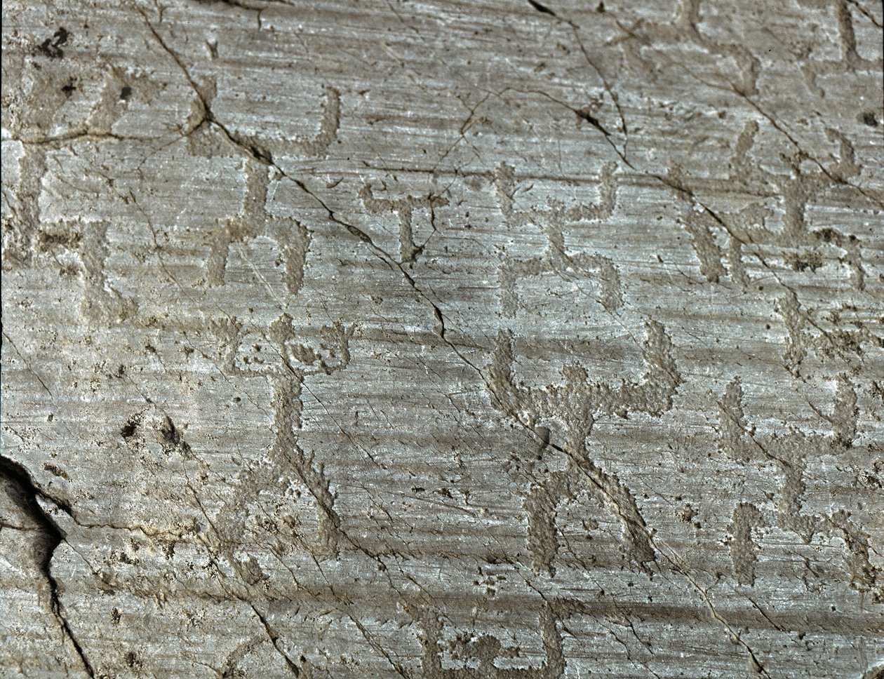 Prehistorie, civilizace Camunni, skalní umění: vážná skála stylizovaných reprezentací postav známých jako „oranti““ s rukama nataženýma k nebi. Období mezi neolitem a dobou bronzovou. Roche n. 50. Naquane (Brescia) Capo di Ponte, Pa od Prehistoric Prehistoric