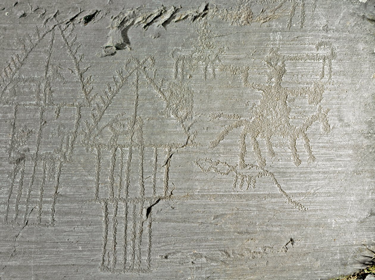 Prehistorie, civilizace Camunni, skalní umění: hrobová skála scén každodenního života na vesnici, chatrče na kůlech, domy u jezera, psi, ptáci, jeleni a člověk na koni. Období mezi neolitem a dobou bronzovou. Roche. 35 Capo di Ponte, Parco nazionale de od Prehistoric Prehistoric