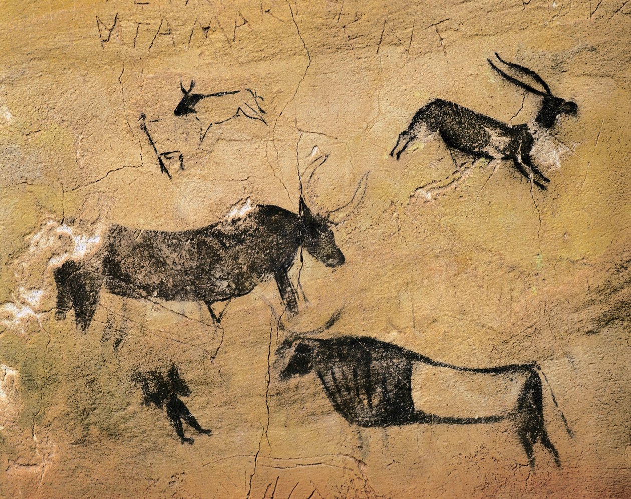 Rock Art: Jelenovití a krávy. Ze Španělska, El Cogul, Cave dels Moros. Pravěk, mezolit (freska) od Prehistoric Prehistoric