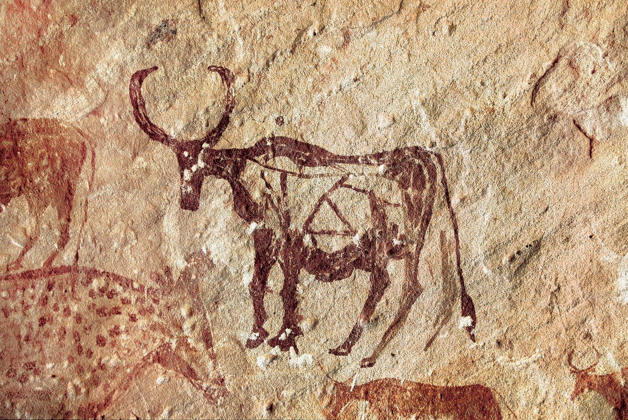 Skalní malba: zobrazení jelena. Jeskyně Tadrart Acacus Libye od Prehistoric Prehistoric