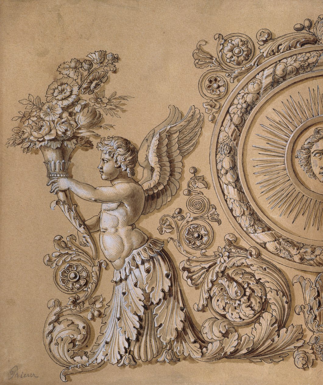 Stříbrný design zobrazující cherubína s akantovými listy, cca 1800 (pero a inkoust a lavír zvýrazněny bílou barvou na papíře) od Prieur