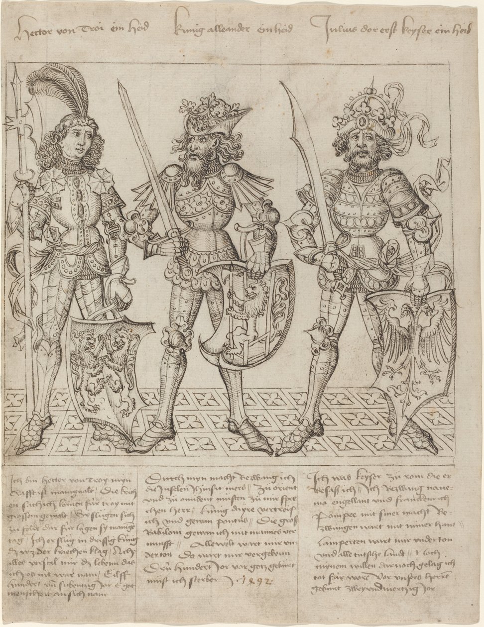 Hektor Trójský, Alexandr Veliký a Julius Caesar od Primary Master of the Strassburg Chronicle