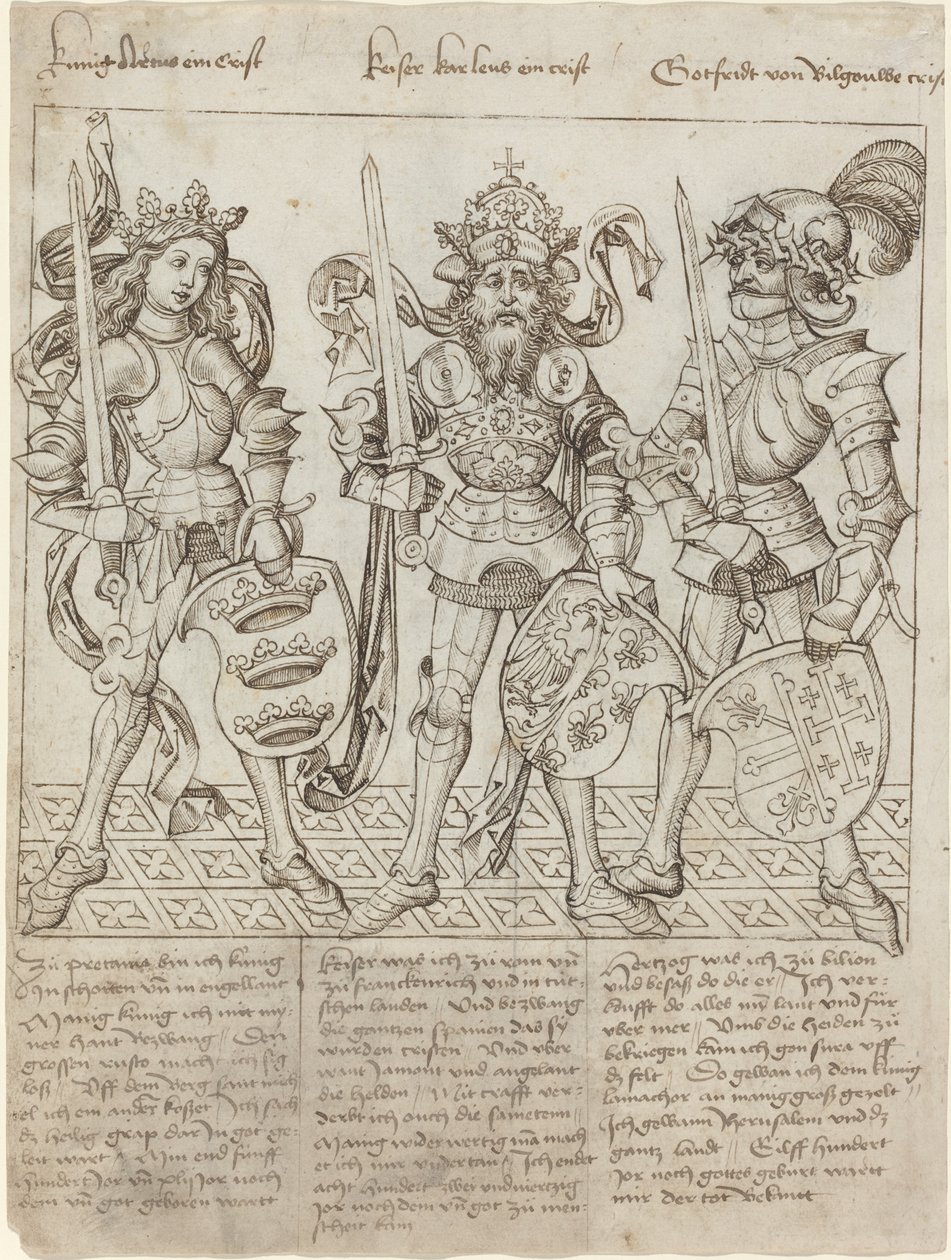 Král Artuš, Karel Veliký a Godfrey z Boulogne od Primary Master of the Strassburg Chronicle