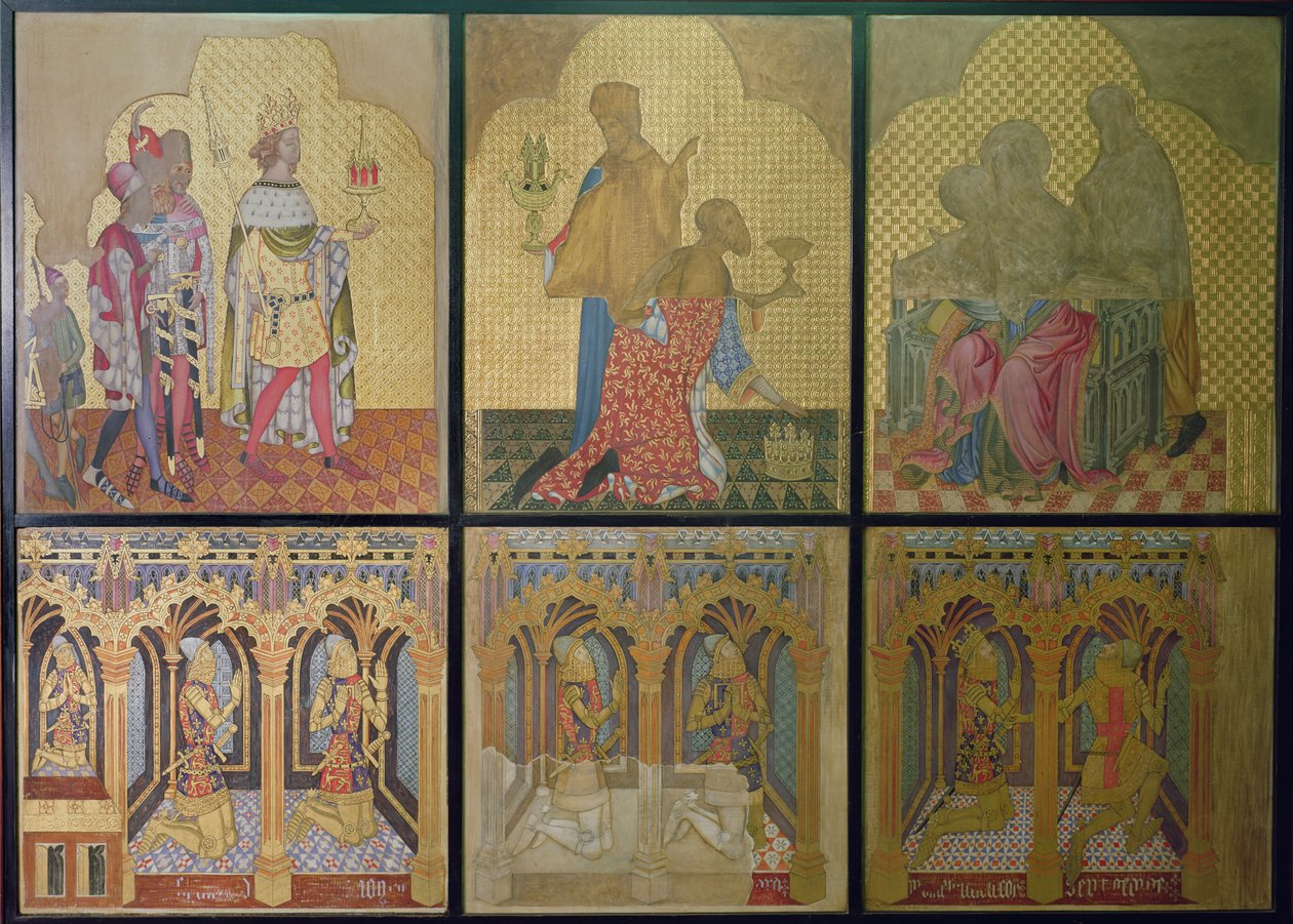 Rekonstrukce nástěnné malby původně v kapli sv. Štěpána zobrazující ve spodní řadě L-R: Thomas Woodstock (1355-97), Edmund Langley, John z Gauntu (1340-99), Lionel (1338-68), Edward, Černý princ ( 1330-76) a sv. Jiří od Professor Ernest Tristram
