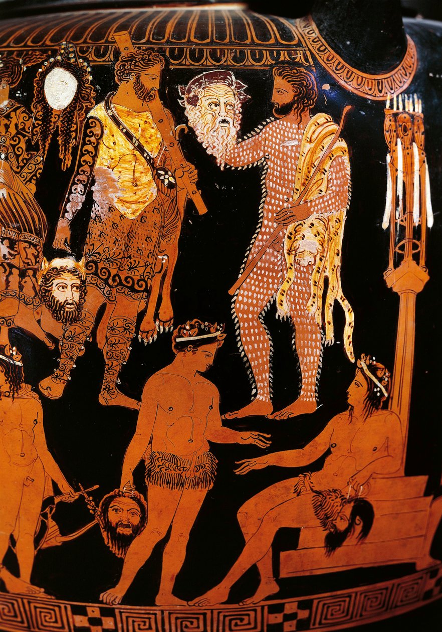 Váza Pronomos, kráter s červenými postavami. Detail znázorňující Herkula (Hérakla), přípravy satyrického dramatu v přítomnosti Dionýsa a Ariane, postavy drží divadelní masky. 400 před naším letopočtem. Neapol, Museo Archeologico Nazionale od Promonos Painter