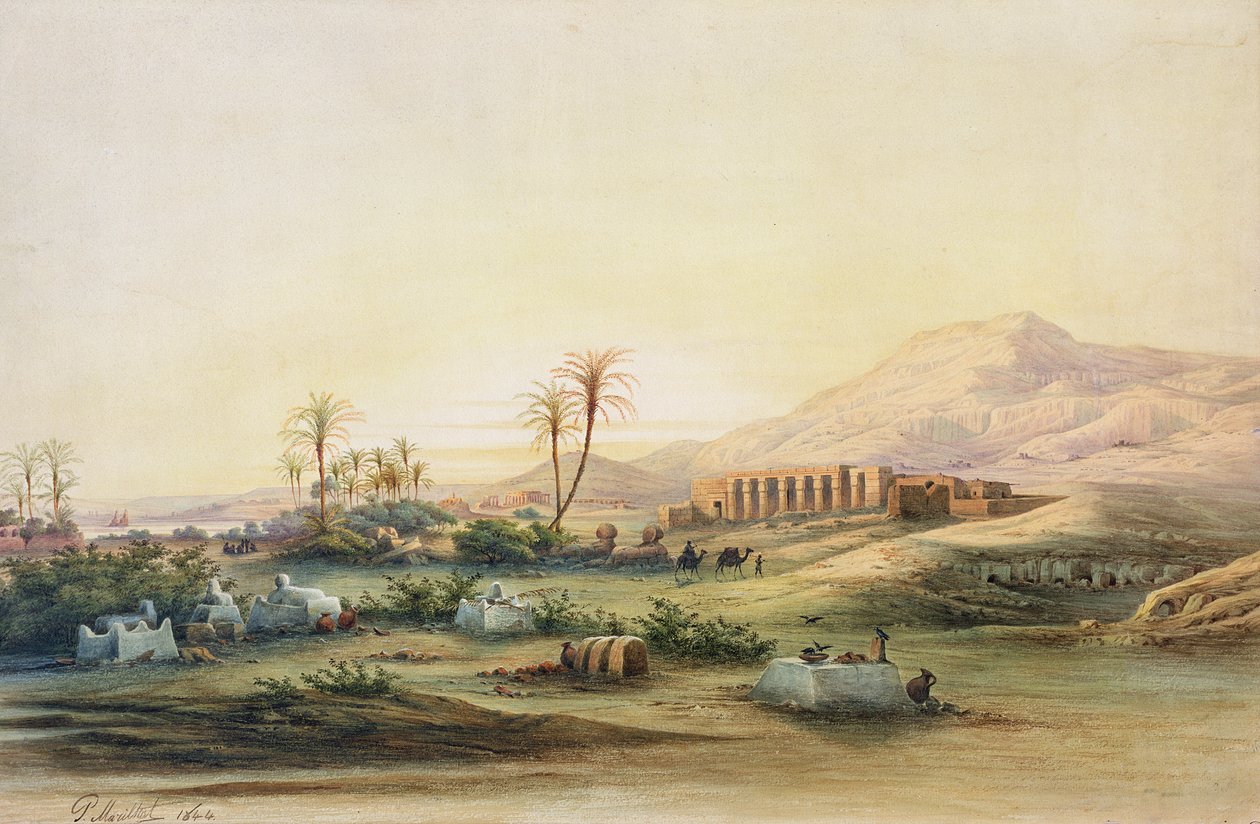 Údolí Nilu s ruinami chrámu Seti I, 1844 (tužka a wc na papíře) od Prosper Georges Antoine Marilhat