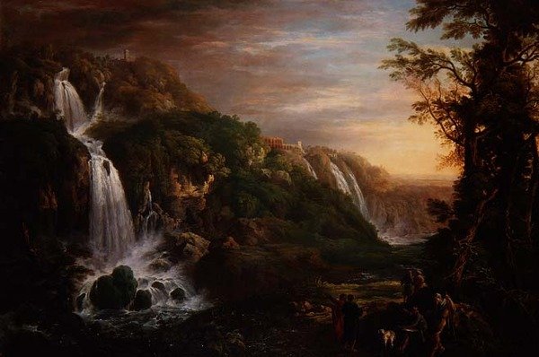 Velká kaskáda v Tivoli s vilou Maecenas a umělcem inspirovaným filozofem od Prosper Francois Irenee Barrigues