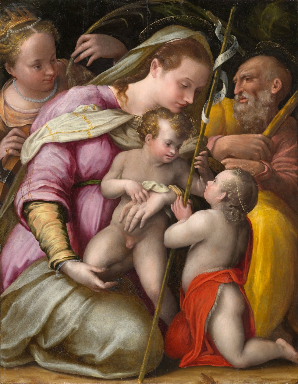 Svatá rodina se svatou Kateřinou Alexandrijskou a nemluvnětem sv. Jana Křtitele, cca 1551-1556 (olej na topolové desce) od Prospero Fontana