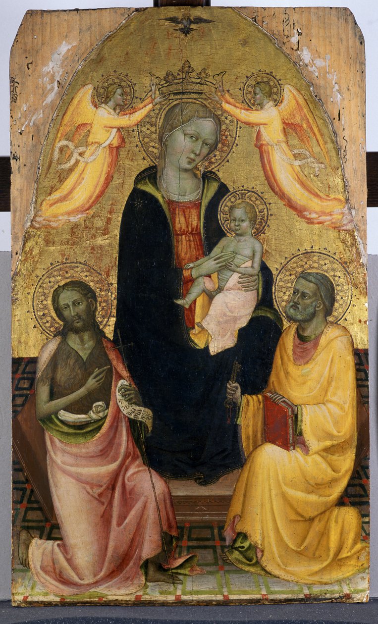 Trůnící Madona s dítětem korunovaná dvěma anděly, Janem Křtitelem a apoštolem Petrem, kolem 1410-20 (tempera na topolovém dřevě) od Pseudo Baldese Pseudo Baldese