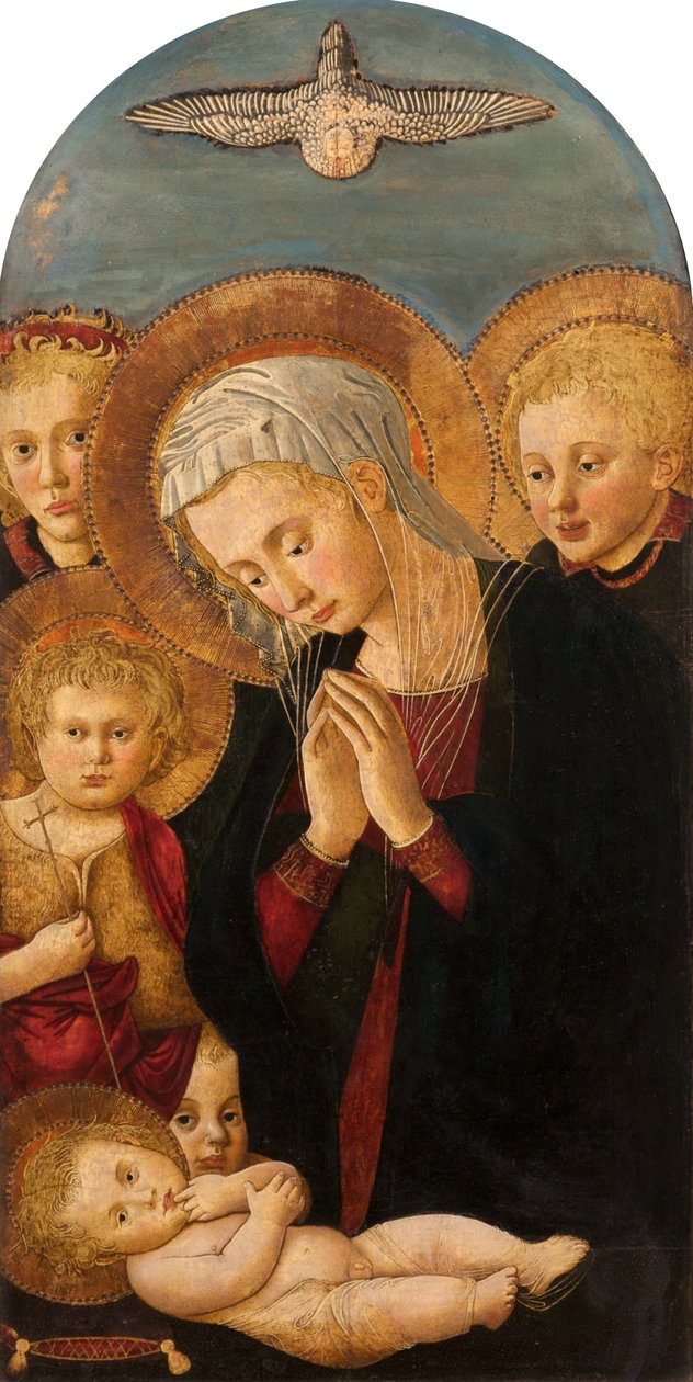 Madona uctívající dítě Krista, se svatým Janem Křtitelem a anděly, kolem 1480-1500 od Pier Francesco Fiorentino