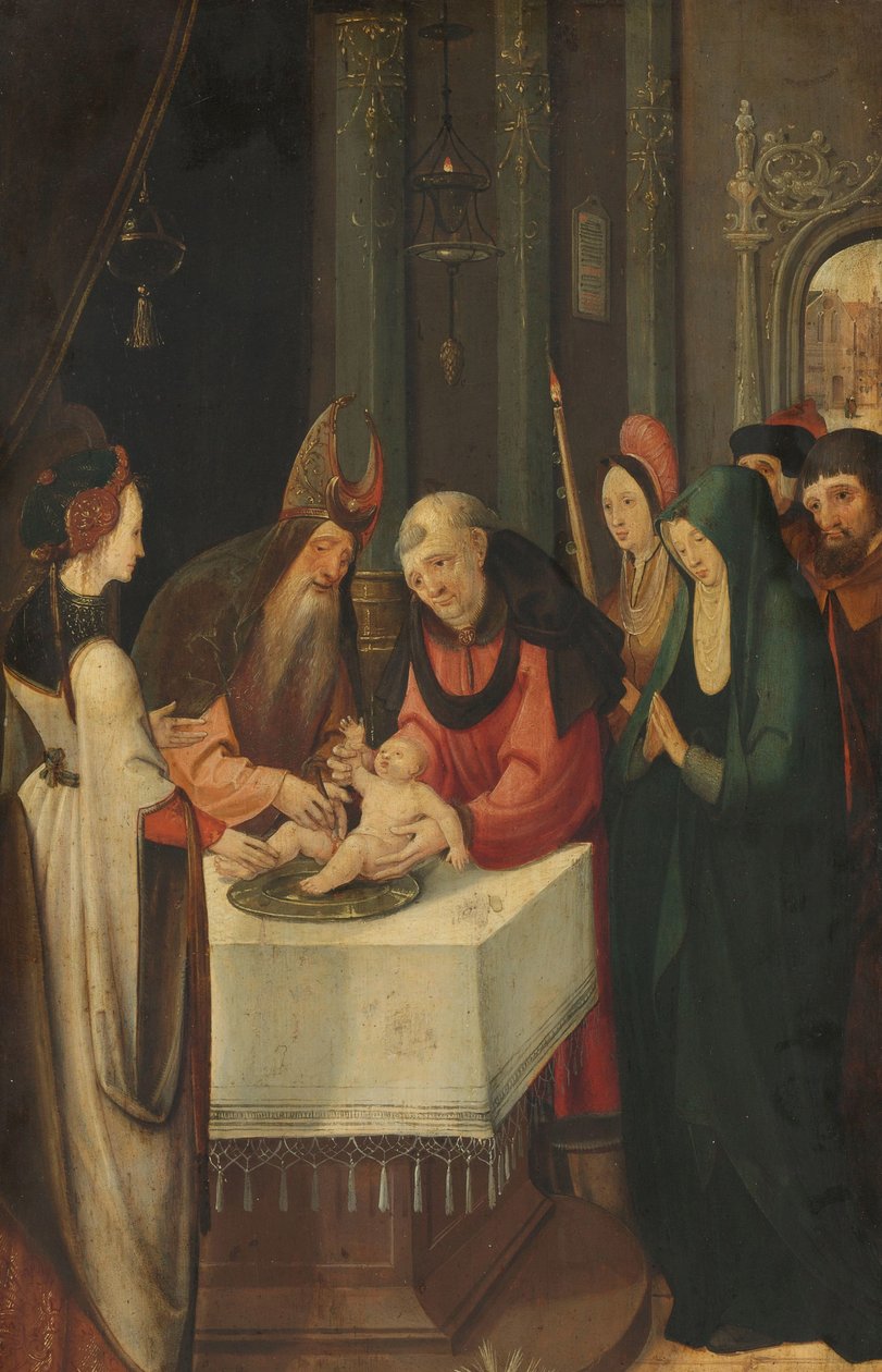 Obřízka Krista, levé křídlo oltářního obrazu, na zadní straně je Panna ze scény Zvěstování od Pseudo Jan Wellens de Cock (attributed to)