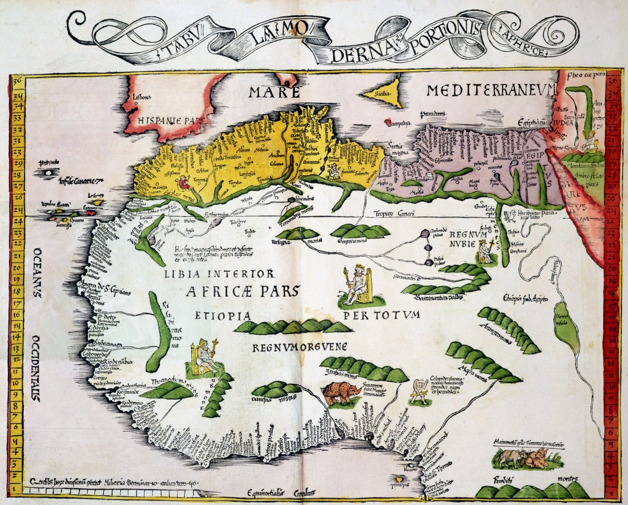 Mapa severní Afriky a západní Afriky, publikovaná ve Štrasburku v roce 1522 od Ptolemy