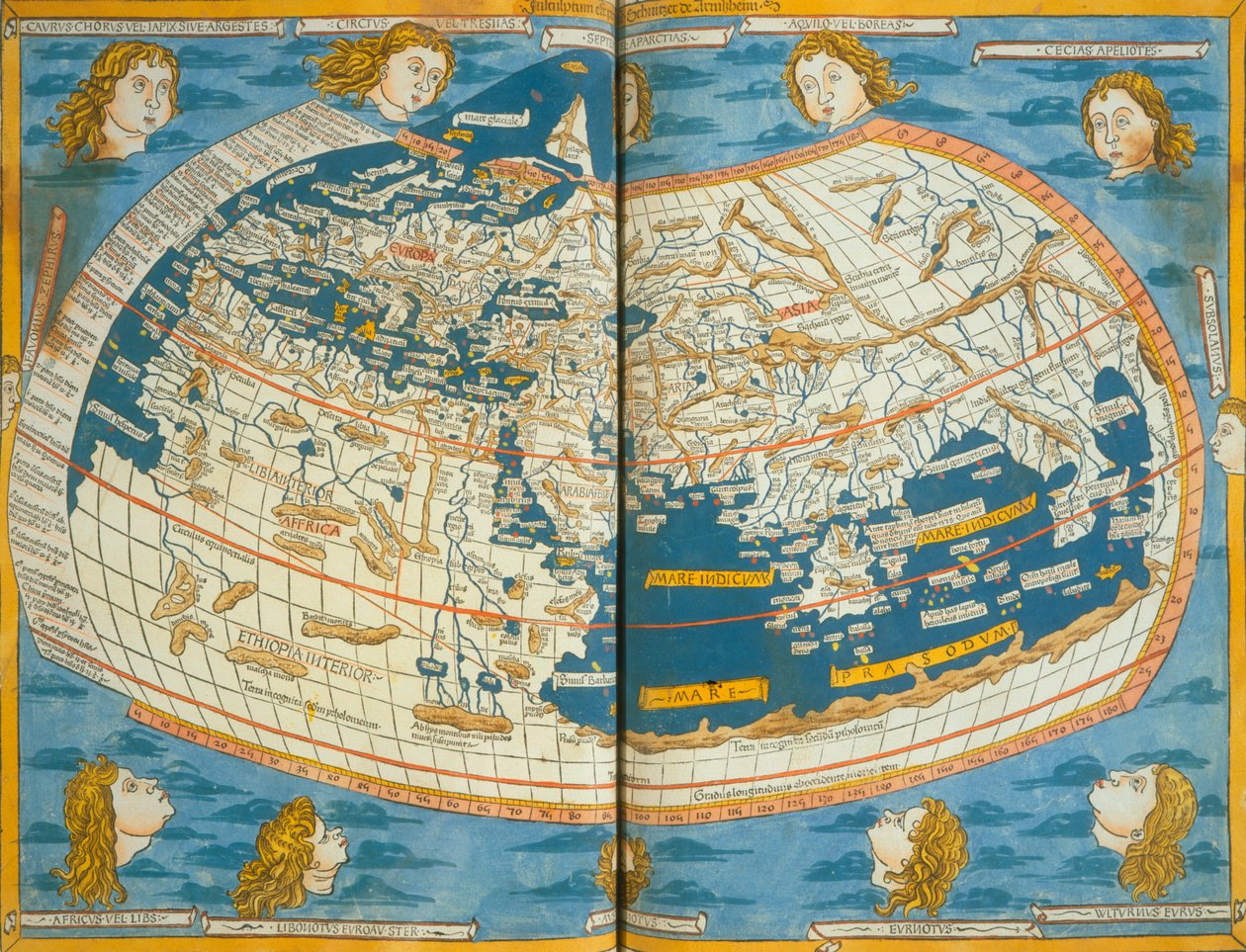 Mapa světa na základě popisů a souřadnic uvedených v knize "Geographia", která byla poprvé vydána v německém Ulmu v roce 1482. od Ptolemy