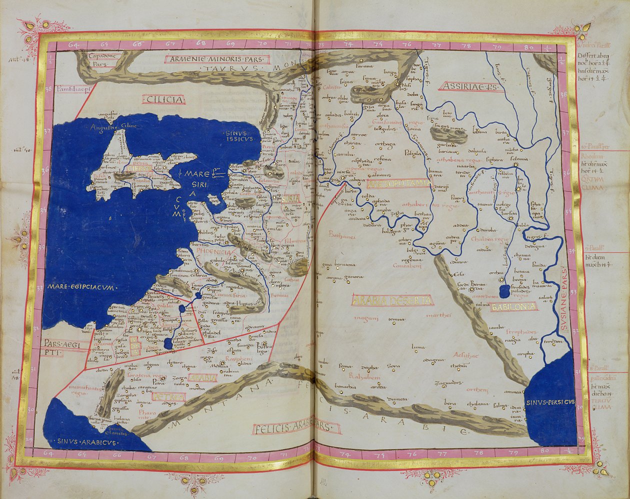 Ms Lat 463 f.111v-112r Mapa Fénicie, Mezopotámie a Babylonu od Ptolemy