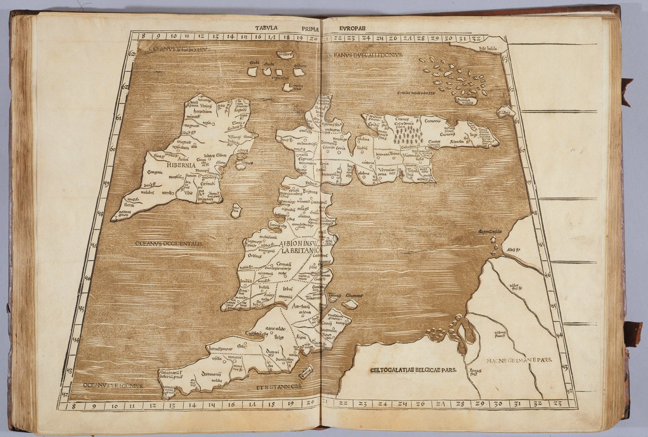 První mapa Evropy z „Geographie work, poslední transdukce Řeků s nejpřísněji lisovanými originály“, kterou vytiskl Johann Scott v roce 1513 od Ptolemy