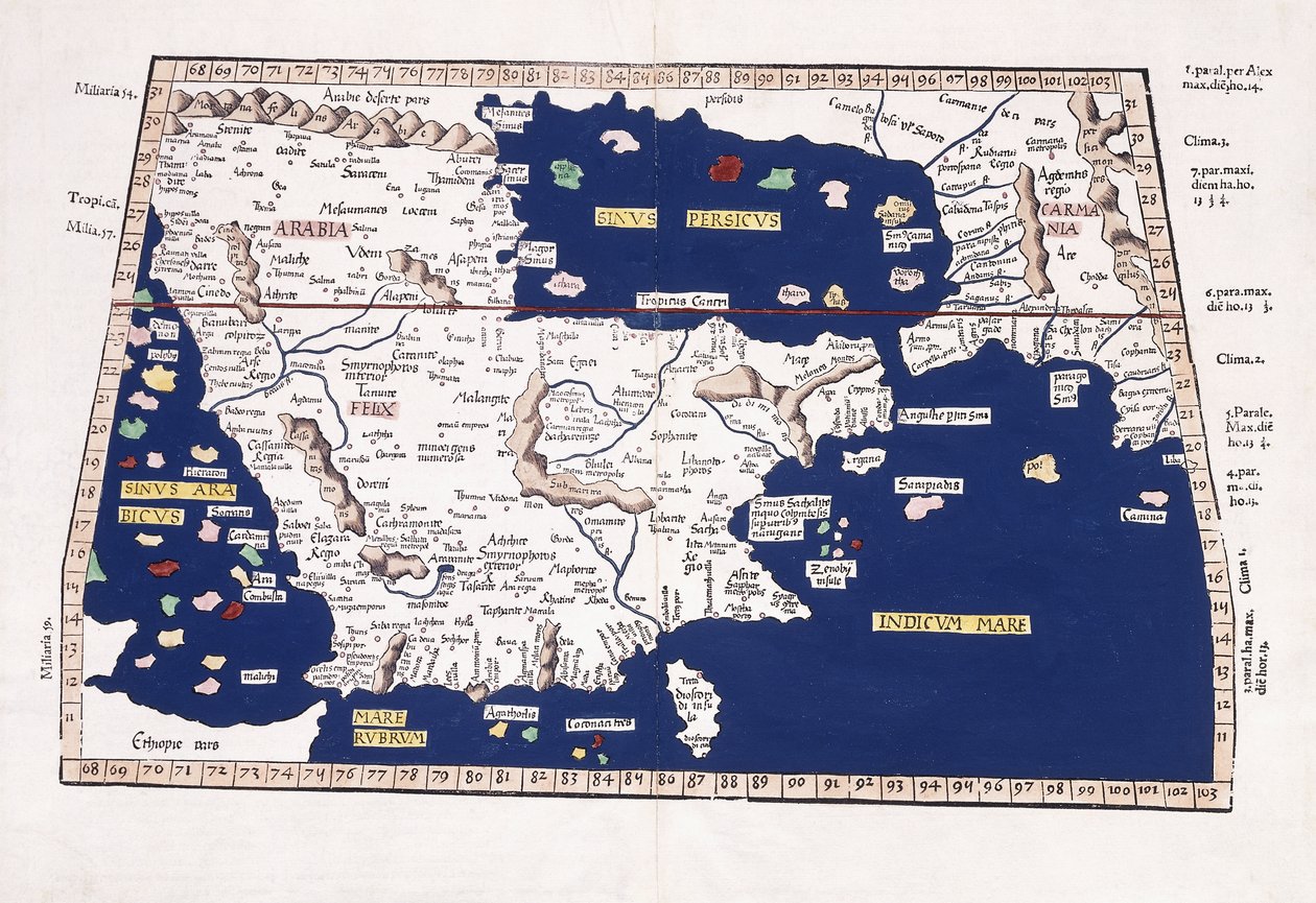 Mapa Arábie, Perského zálivu a Indického moře, 1541 od Ptolemy