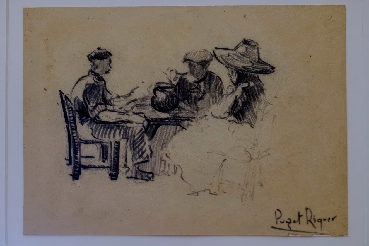 sedící postavy, Narcís Puget Riquer, kresba uhlem, muzeum Puget, šlechtický dům Can LLaudis, Dalt Vila, Ibiza, baleárské ostrovy, Španělsko od Puget Riquer