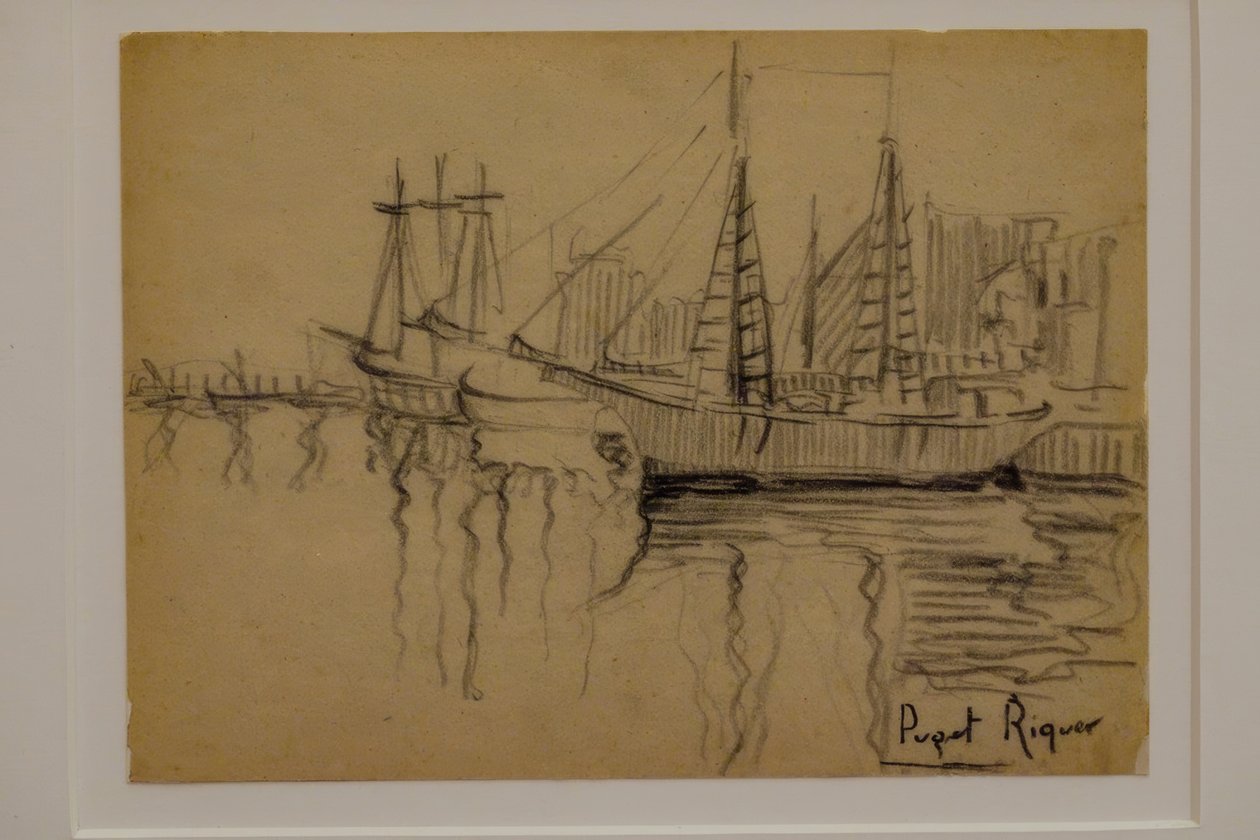 plachetnice, Narcís Puget Riquer, kresba uhlem, muzeum Puget, šlechtický dům Can LLaudis, Dalt Vila, Ibiza, baleárské ostrovy, Španělsko od Puget Riquer