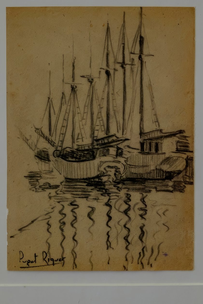 plachetnice, Narcís Puget Riquer, kresba uhlem, muzeum Puget, šlechtický dům Can LLaudis, Dalt Vila, Ibiza, baleárské ostrovy, Španělsko od Puget Riquer