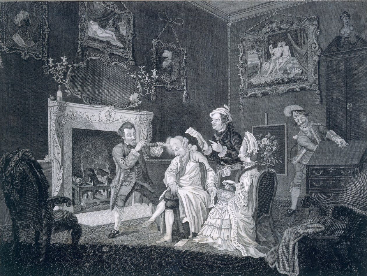 Sluhové odvádějí pozornost ješitného starého muže, zatímco jiný krade z kanceláře, vyryto Goldarem, 1771 od Pugh