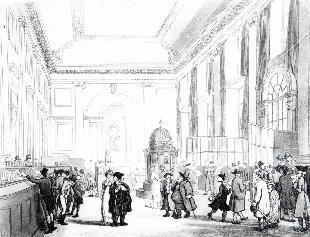 Bank of England, Velká síň, z Ackermannova „Microkosmu Londýna“, 1809 (akvatinta) od Pugin and Rowlandson
