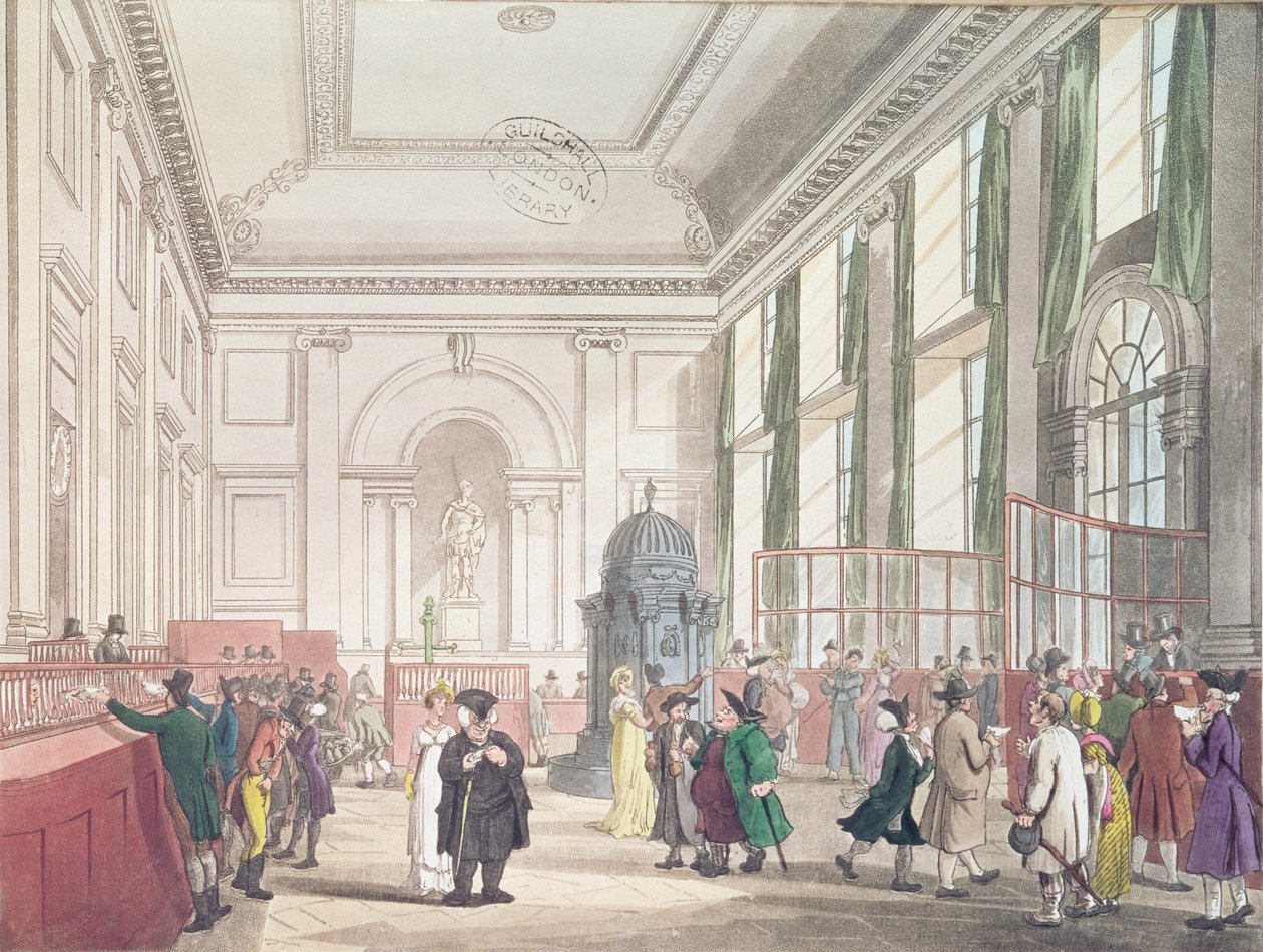 Bank of England, Velká síň, z Ackermannova „Microkosmu Londýna“, 1809 (akvatinta) od Pugin and Rowlandson