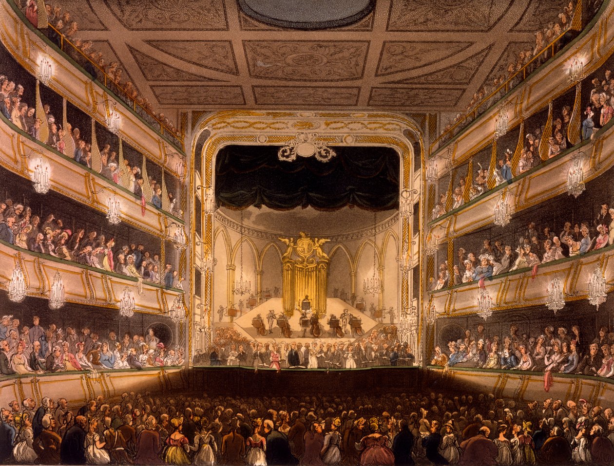 Divadlo Covent Garden, z mikrokosmu Londýna od R Ackermanna, 1808 (ručně kolorovaná akvatinta) od Pugin and Rowlandson