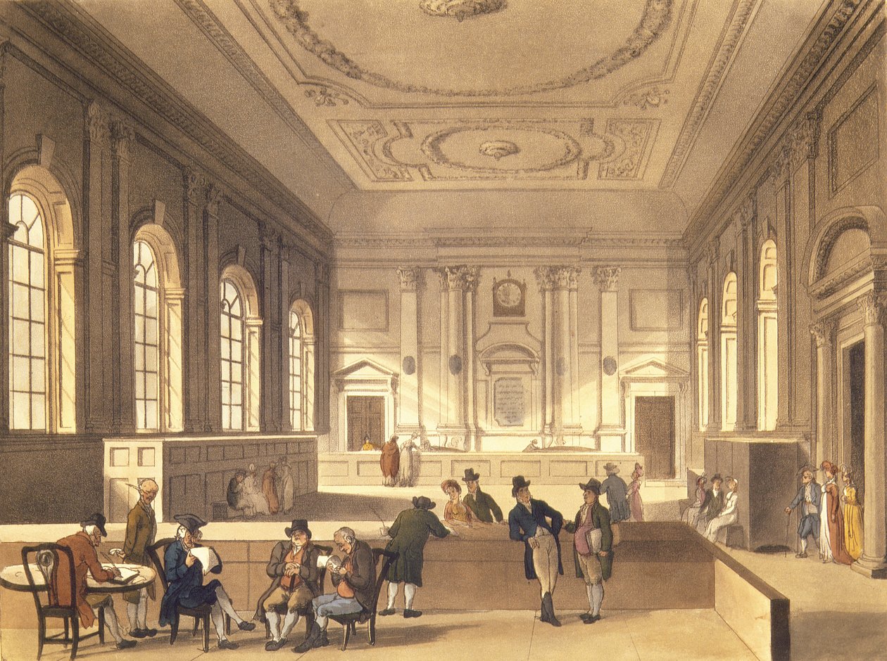 Dividendový sál v South Sea House, vydal R. Ackermann, 1810 (akvatinta) od Pugin and Rowlandson
