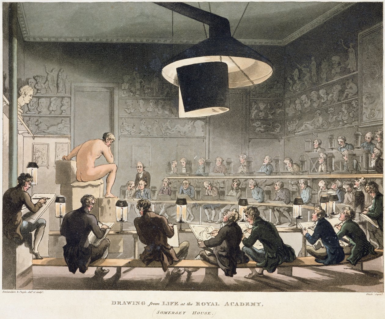 Kresba ze života na Královské akademii (barevná rytina) od Pugin and Rowlandson