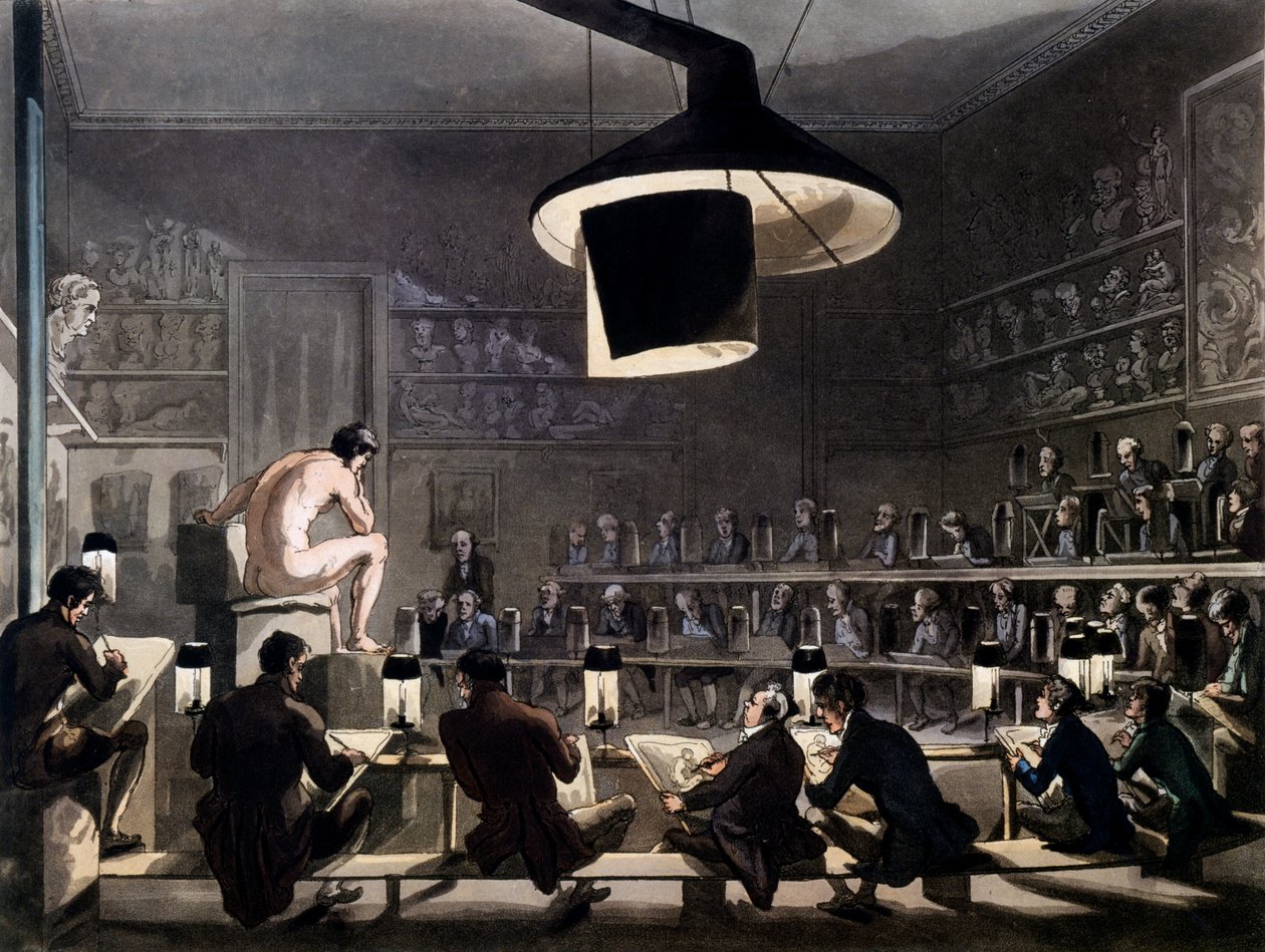 Kresba ze života na Královské akademii, Somerset House, Londýn, z mikrokosmu Londýna od R. Ackermanna, 1810 (barevná akvatinta) od Pugin and Rowlandson