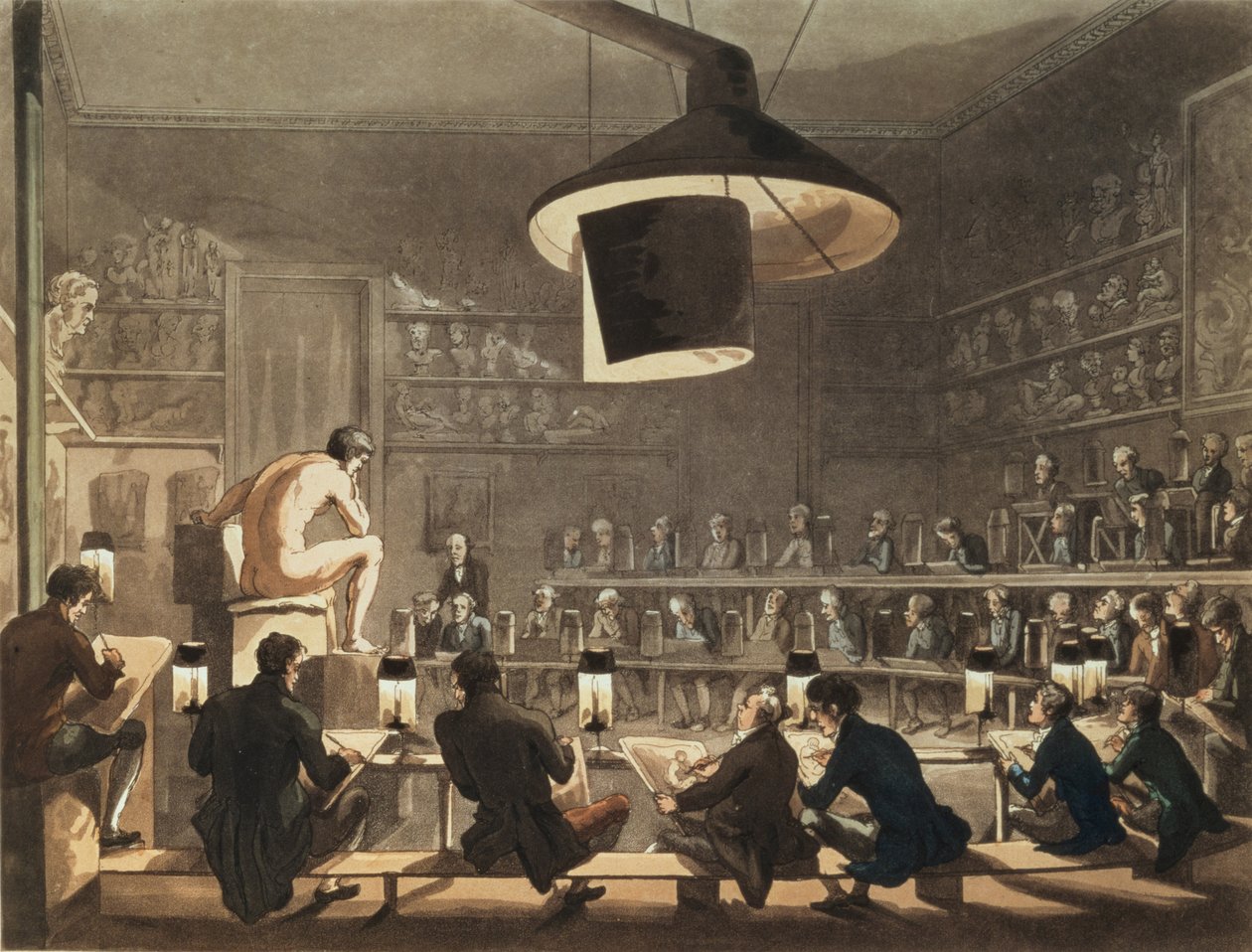 Kresba ze života na Královské akademii, vyryla Richard Banks Harraden (1778-1862) (akvatinta) od Pugin and Rowlandson