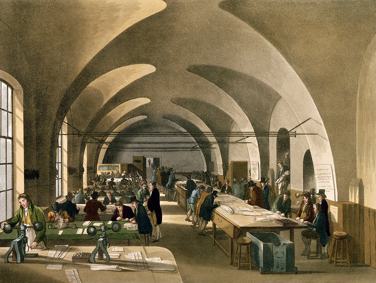 Stamp Office, Somerset House, z Ackermannova Mikrokosmu Londýna (akvatinta) od Pugin and Rowlandson