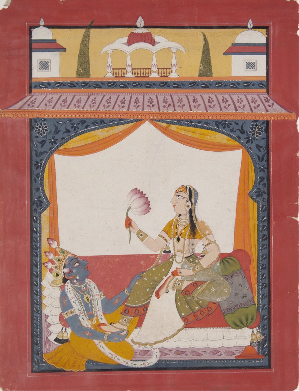 Krishna masíruje nohy Radha, scéna pravděpodobně z Gita Govinda od Punjab Hills