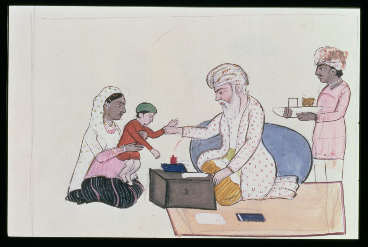 Indický doktor vyšetřující pacienta, cca 1890 (wc na papíře) od Punjabi School
