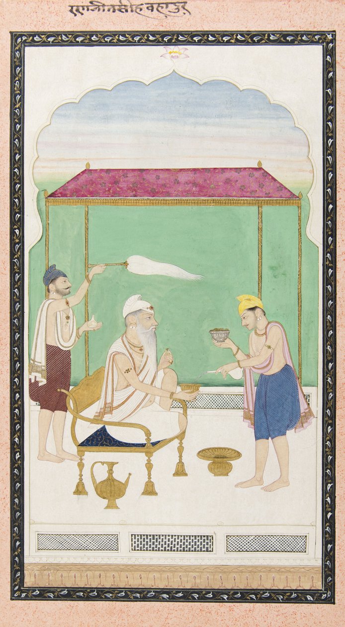 Randžít Singh sedící na zlatém křesle za přítomnosti morchonoše, kolem roku 1830 od Punjabi School