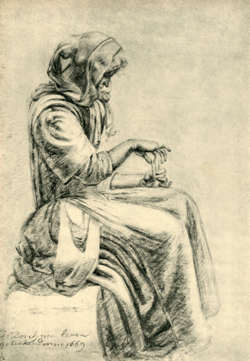 Sedící žena s hracími kartami, 1669, 1943. od Pupil of Gerard ter Borch II