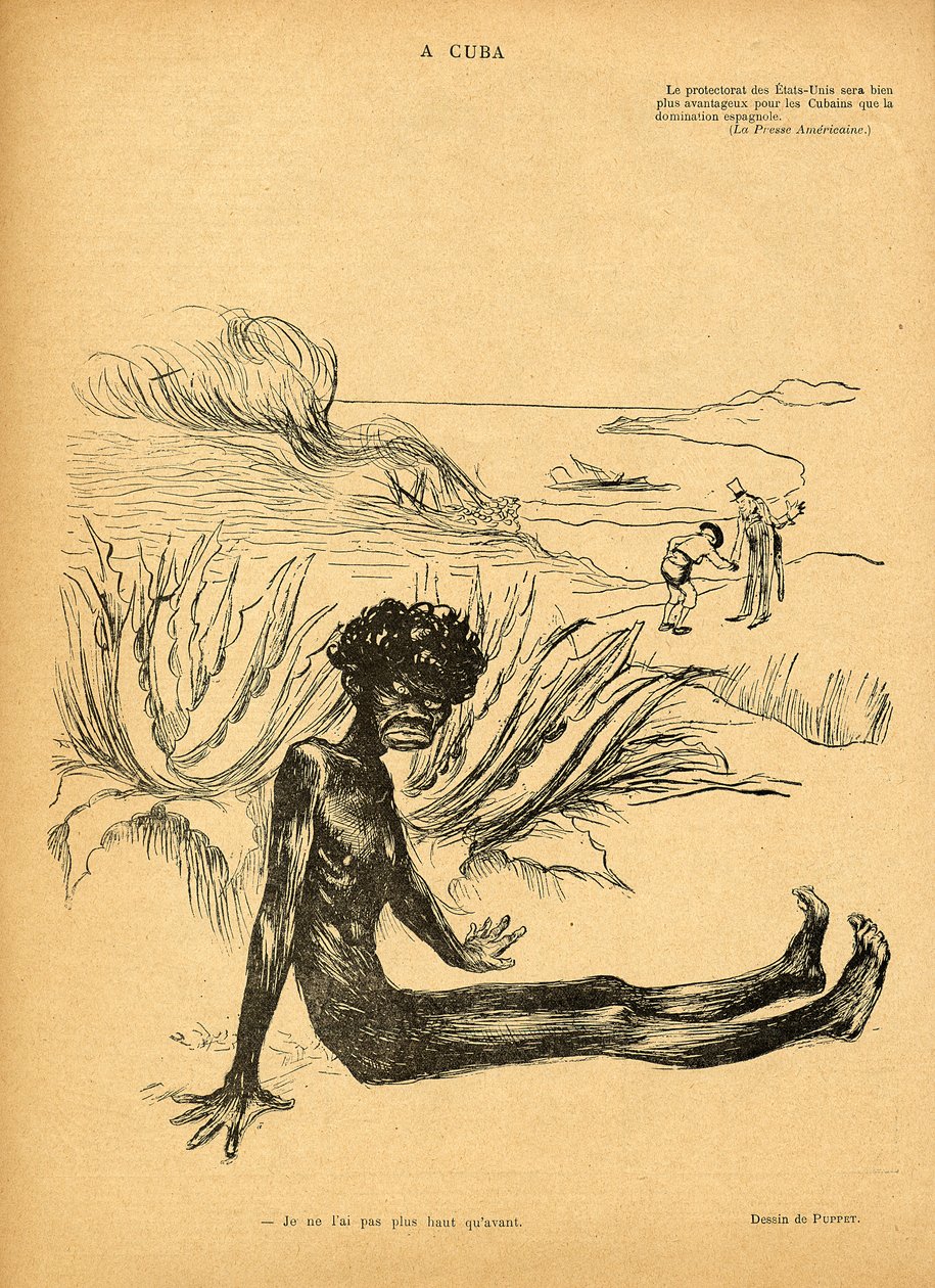 Spojené státy získávají Kubu od Španělska, karikatura z Le Rire, 29. října 1898 od Puppet