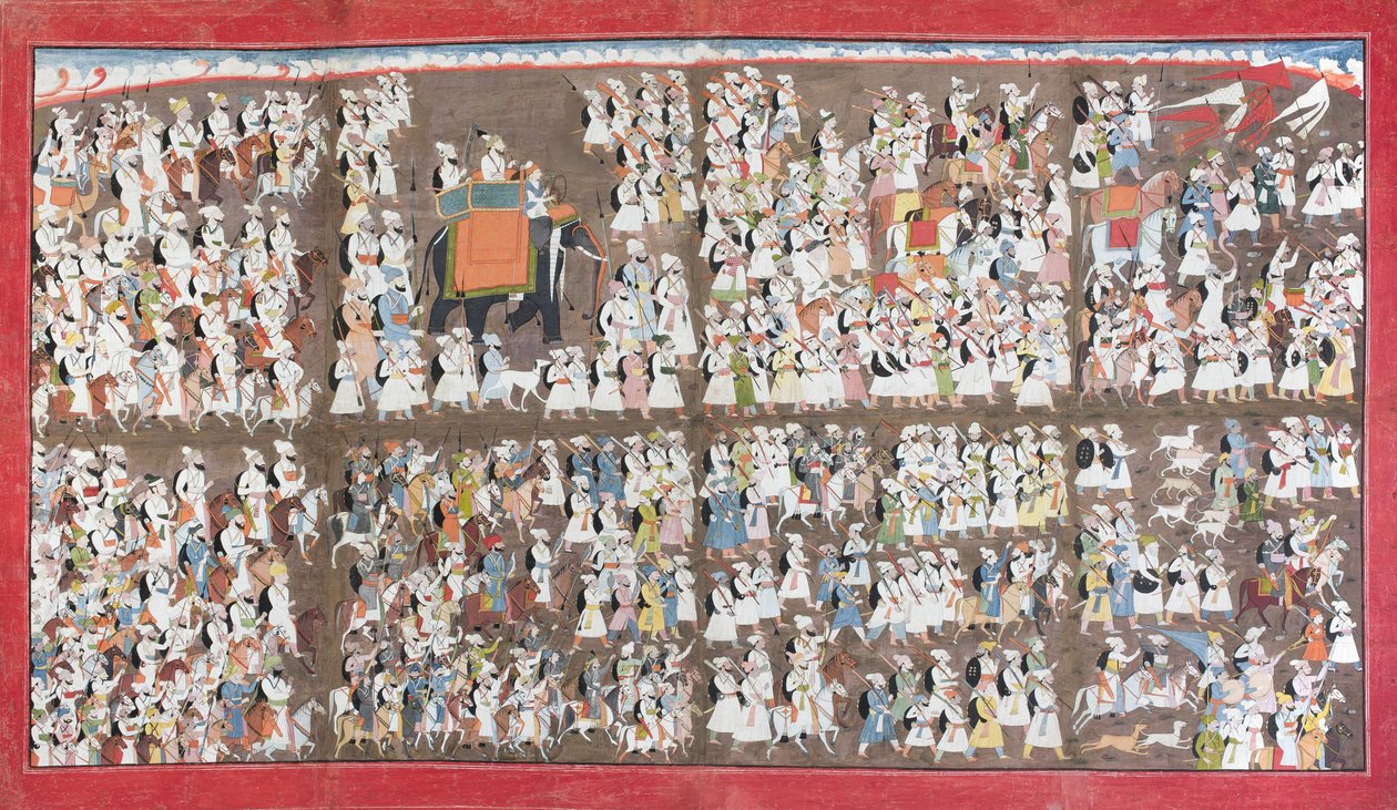 Sansar Chand sedící na slonovi, obklopený armádou pěšky a na koni, kolem roku 1790 (neprůhledné wc na papíře) od Purkhu
