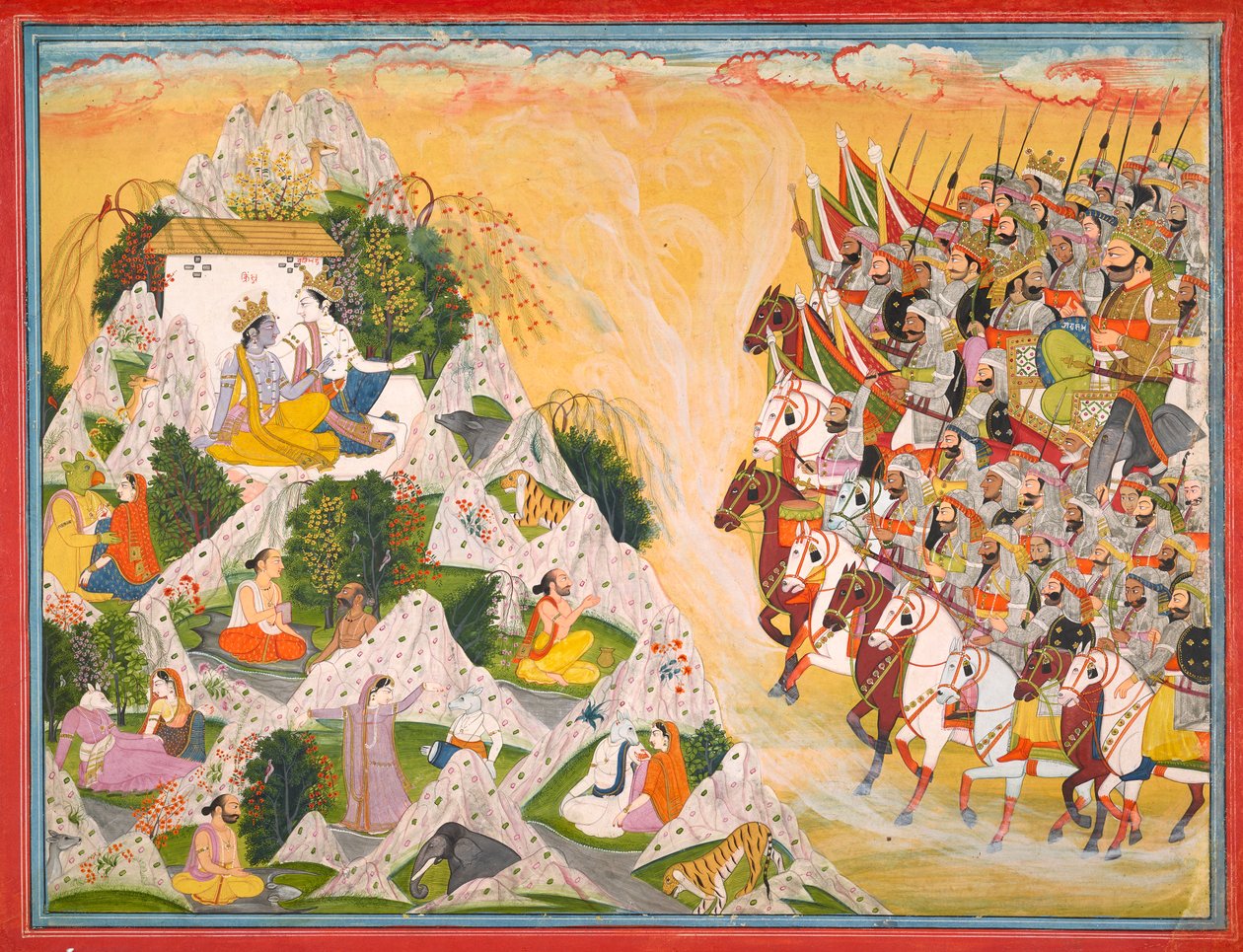 Džarásandhova armáda postupuje směrem ke Krišnovi a Balrámovi, Folio z Mahábháraty, ca. 1800-1815. od Purkhu