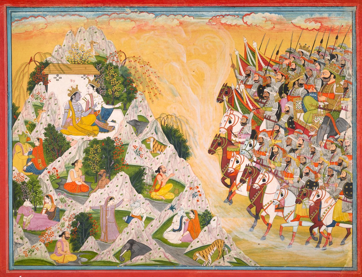 Džarásandhova armáda postupuje směrem ke Krišnovi a Balarámovi, folio z Mahábháraty, kolem 1800-1815 od Purkhu of Kangra